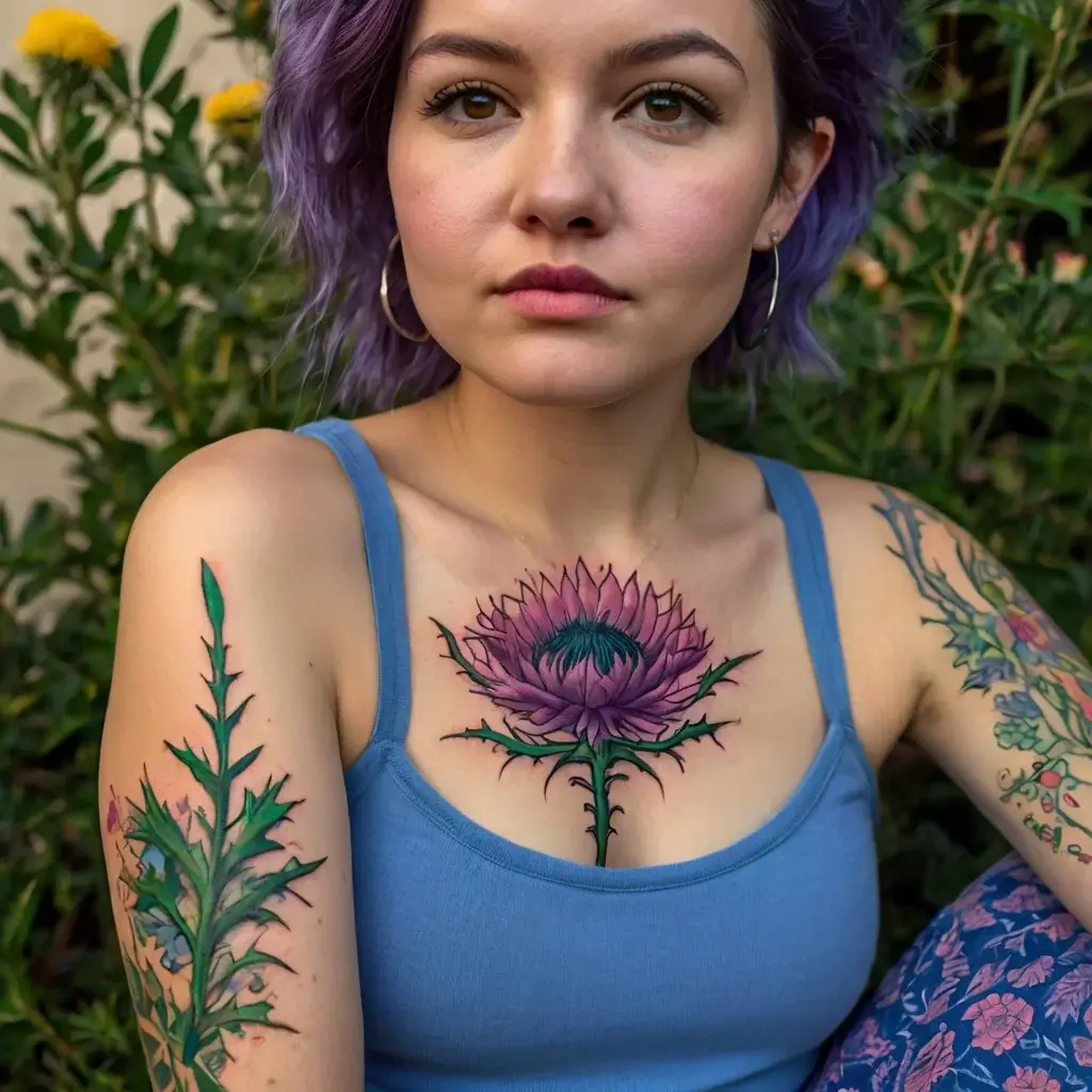 A vibrant purple thistle tattoo is centered on the chest, with realistic green leaves extending onto the shoulders.