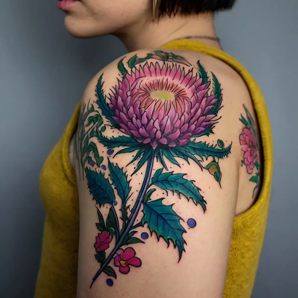 Vibrant thistle tattoo on shoulder with pink petals, green leaves, and small accents, blending traditional and modern styles.