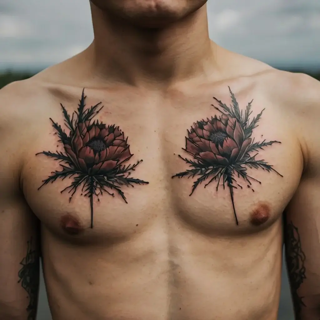 Chest tattoo with symmetrical protea flowers; intricate petals and leaves in a mix of black and deep red shading.