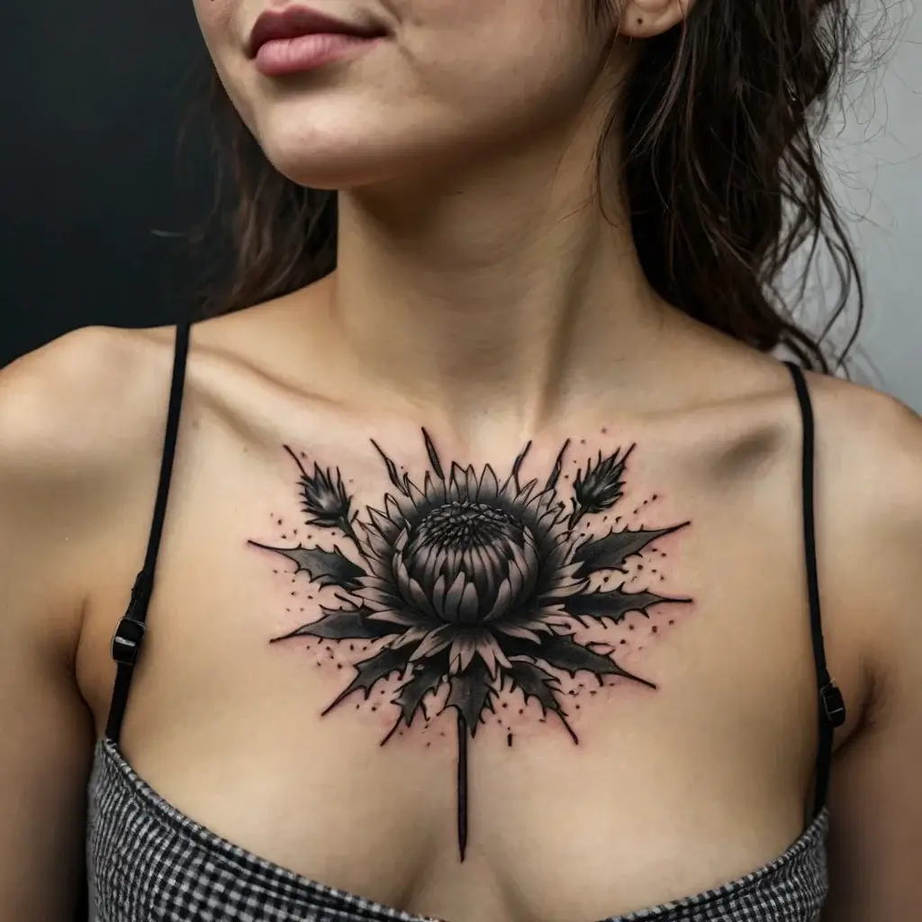 Black and gray chest tattoo of a detailed symmetrical flower with spiky leaves and shading, centered on the sternum.