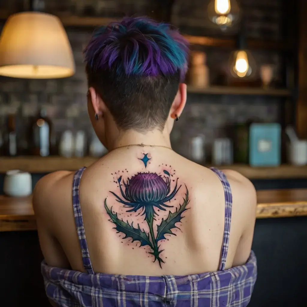 A vibrant thistle tattoo on upper back, with purple petals and green leaves, creating a striking contrast.