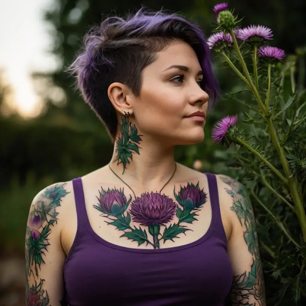 A vibrant purple thistle tattoo spans the chest, with thistle accents on the neck and arms, symbolizing strength and resilience.