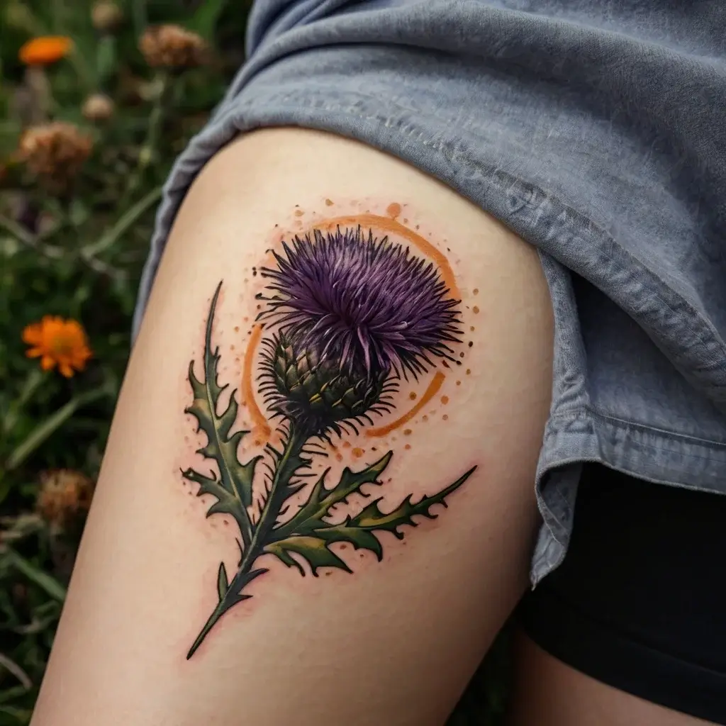 Tattoo of a detailed purple thistle with sharp leaves, backed by an orange halo effect on the upper thigh.