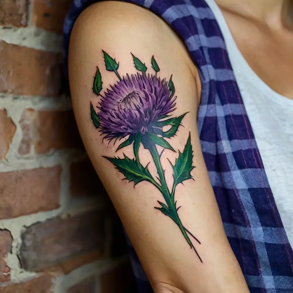 Tattoo of a vibrant purple thistle with green leaves and stem, inked on the upper arm, symbolizing strength and pride.