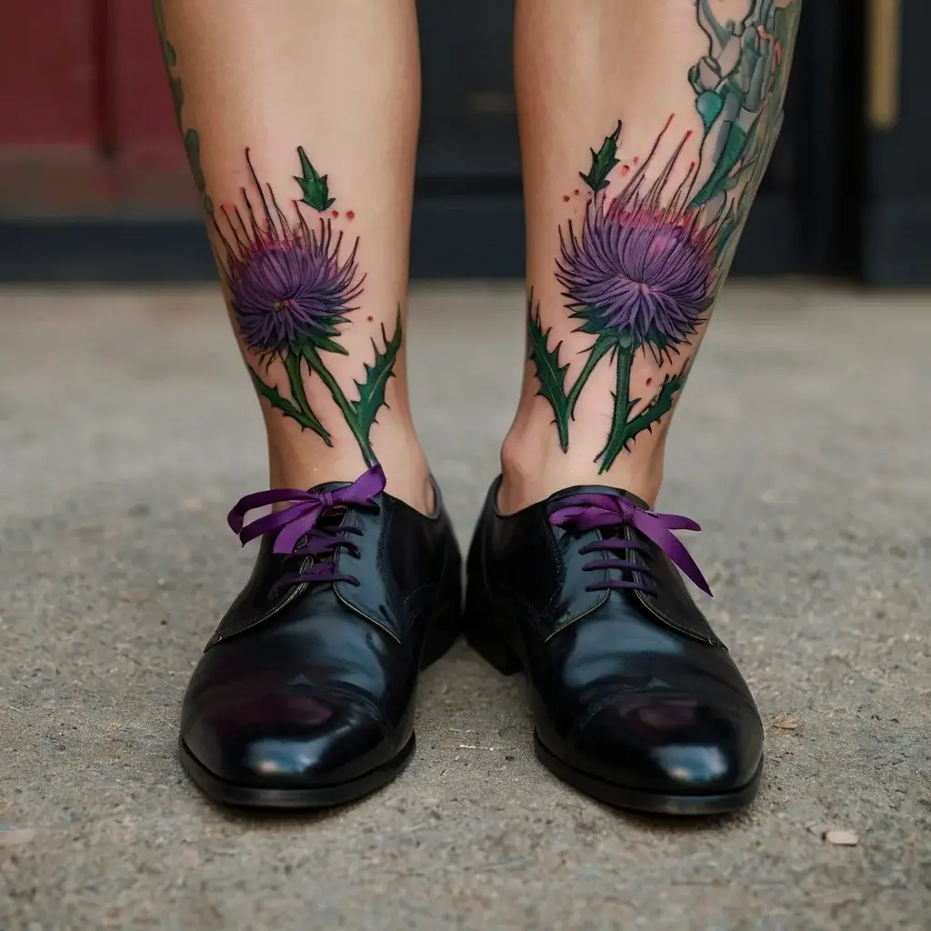 Tattoo of vibrant purple thistles with green leaves on calves, paired with black shoes and purple laces for contrast.