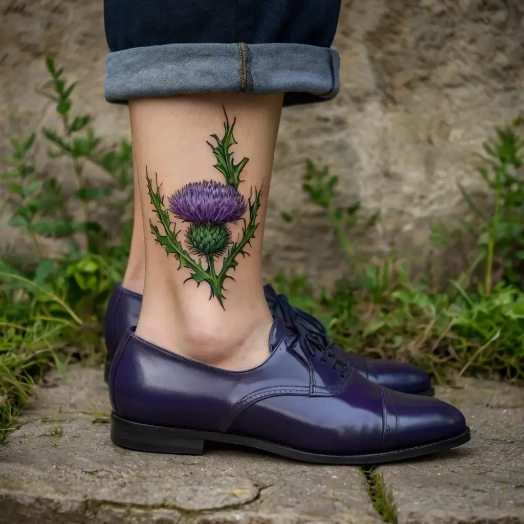 A vibrant purple thistle tattoo on the ankle, featuring detailed green leaves and thorns for a bold, natural look.