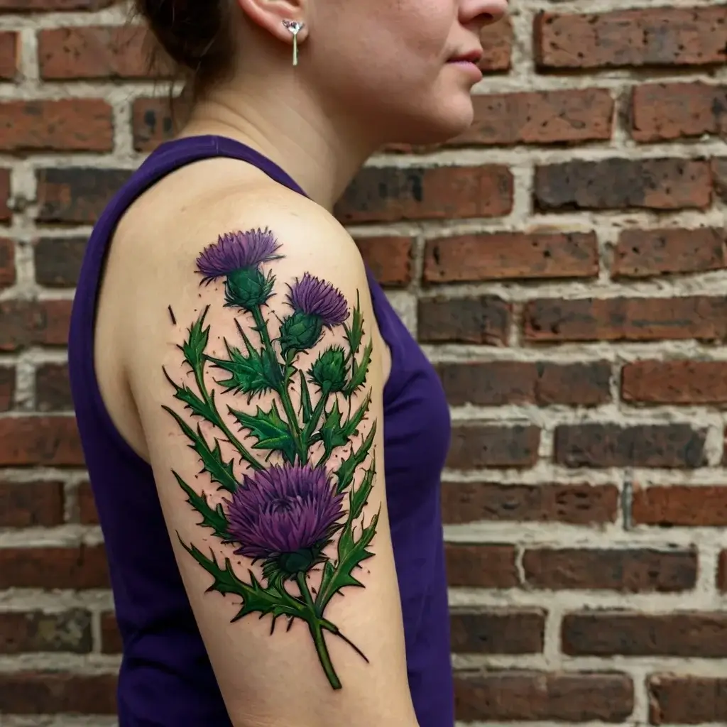 Tattoo of vibrant purple thistle flowers with detailed green leaves on upper arm, blending nature with bold lines.