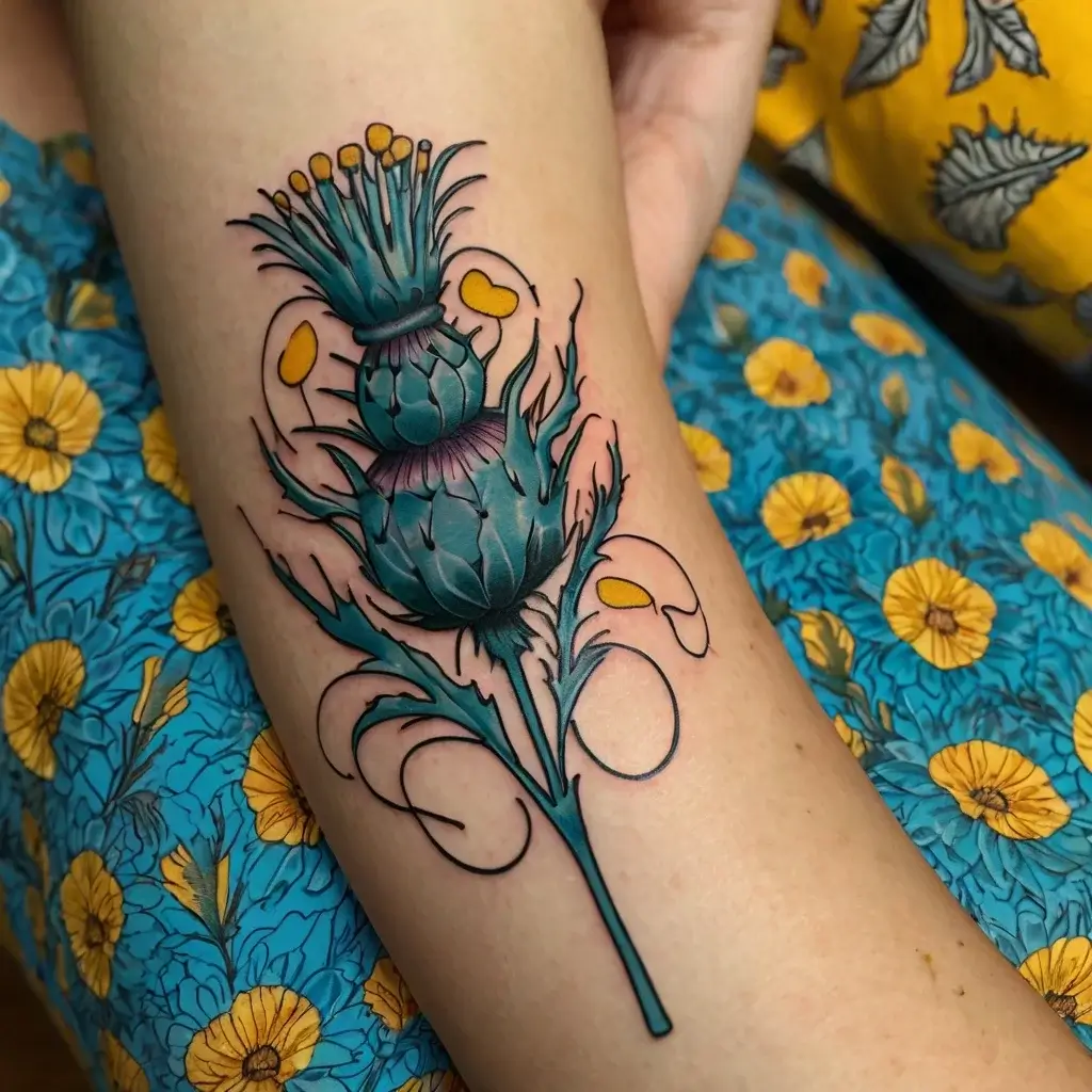 Tattoo of a vibrant thistle with swirling leaves in blue-green hues and yellow accents on a forearm.