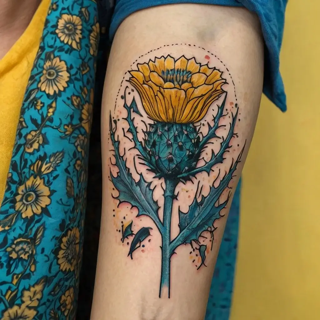 Tattoo of a vibrant yellow flower blooming atop a blue thistle with intricate green leaves, outlined in bold black.