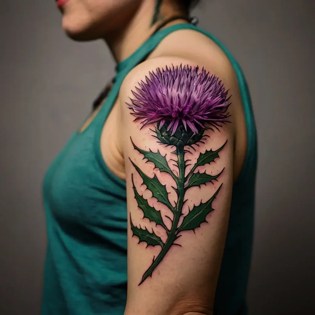 Tattoo of a vibrant purple thistle with detailed leaves on an upper arm, symbolizing resilience and pride.