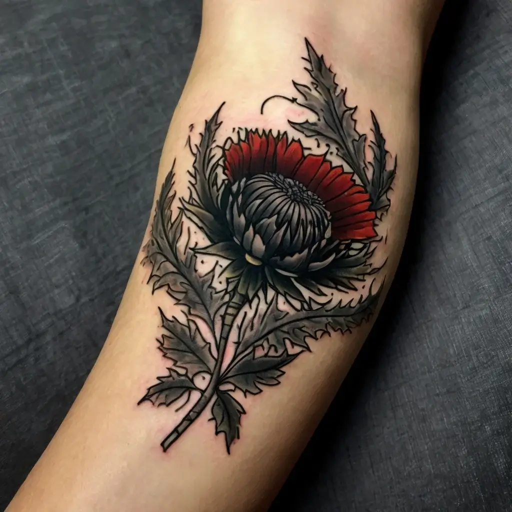 Intricate tattoo of a thistle with black leaves and a red-tinged bloom, showcasing detailed shading and bold outlines.