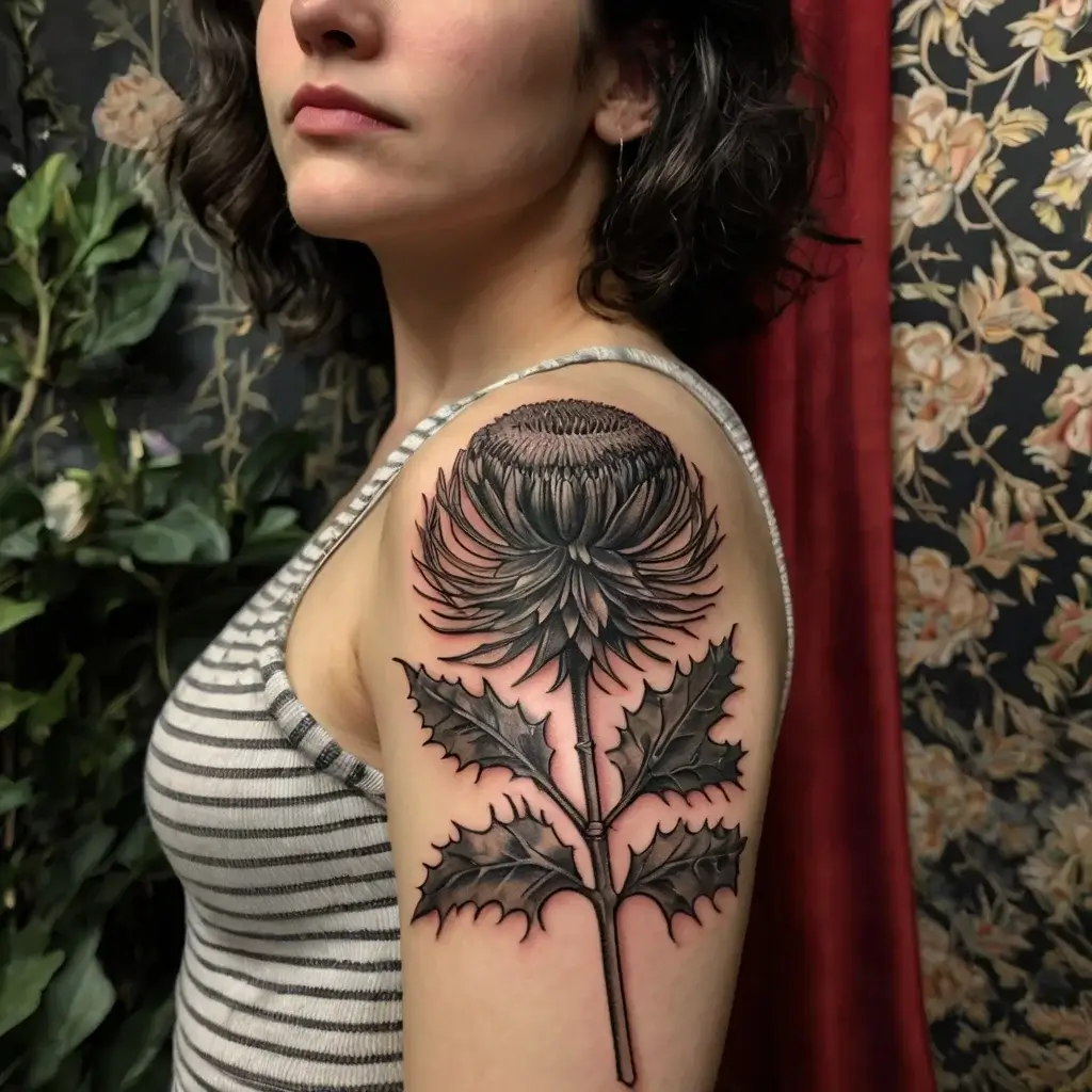 Realistic black and grey thistle tattoo on upper arm, featuring intricate petals and sharp, detailed leaves.