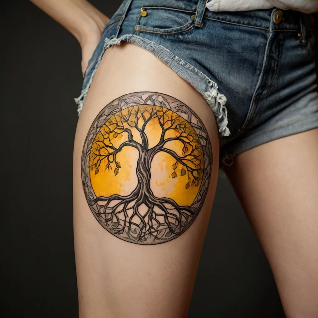 Tattoo of a tree with intricate roots and branches against a sunset background on thigh. Symbolizes life and connection.