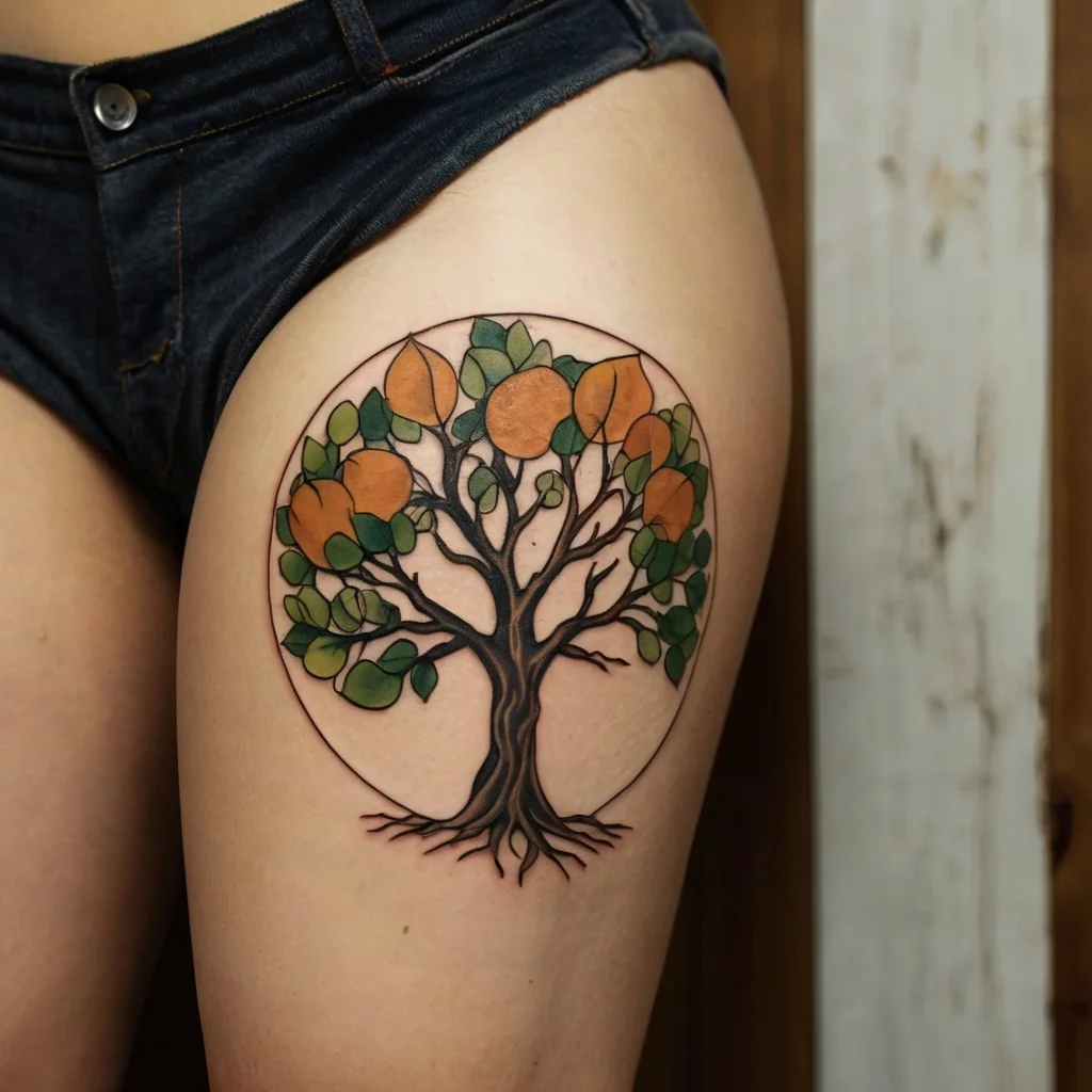 Tattoo of a vibrant tree with orange and green leaves encased in a circle on the thigh, symbolizing life and growth.