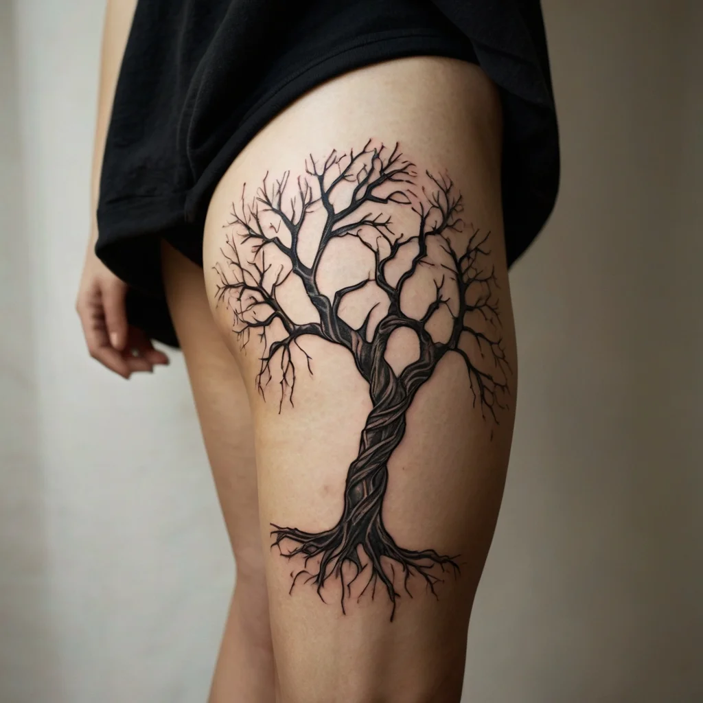 Detailed tree tattoo on thigh, showcasing twisted branches and roots, symbolizing strength and connection to nature.