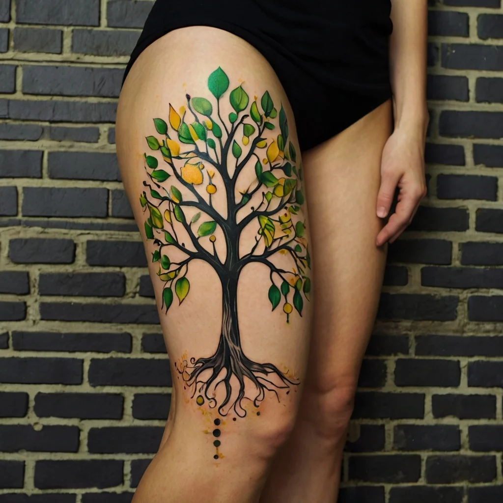 Thigh tattoo of a colorful tree with green and yellow leaves, deep roots, and abstract dot design below the trunk.