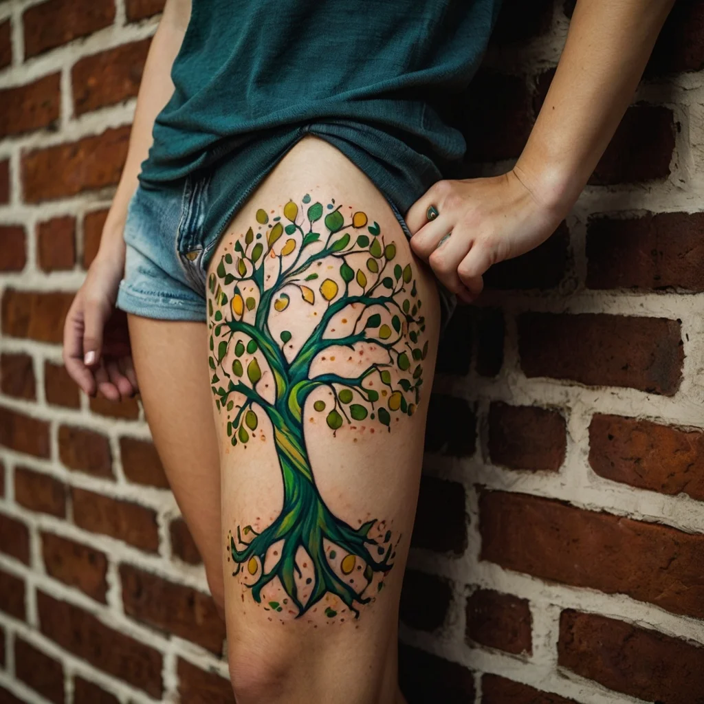 Colorful tree tattoo on thigh with blue-green trunk and vibrant foliage, representing life, growth, and nature.