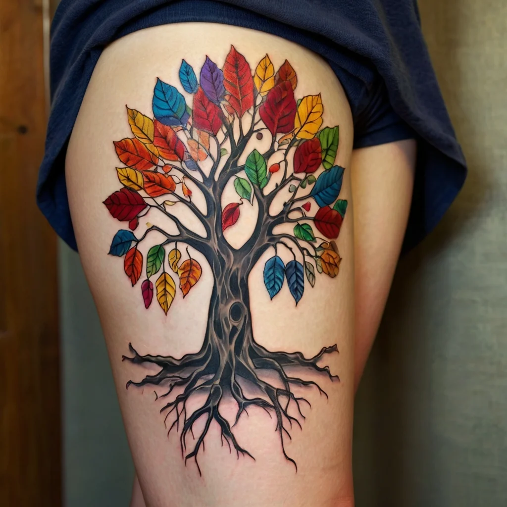 Tattoo of a tree with colorful leaves in autumn hues. The roots spread outward, symbolizing strength and growth.