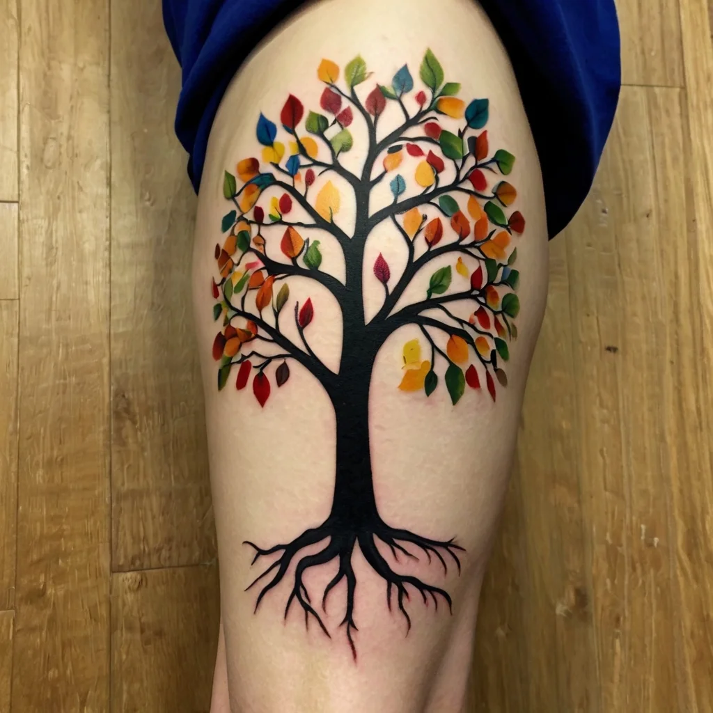 Colorful tree tattoo with a black trunk and vibrant leaves in red, yellow, blue, and green, symbolizing life and growth.