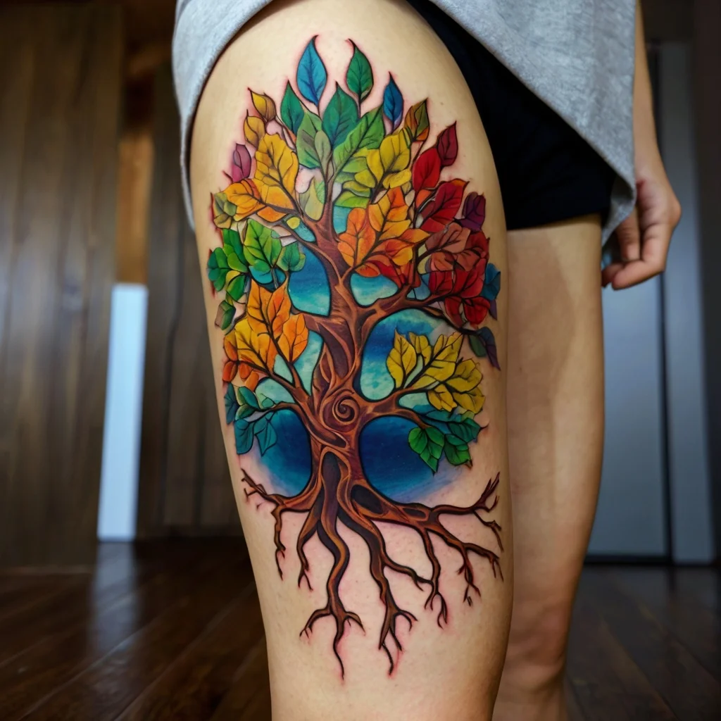 Vibrant tree tattoo with colorful leaves and intricate roots on thigh, symbolizing growth and diversity.