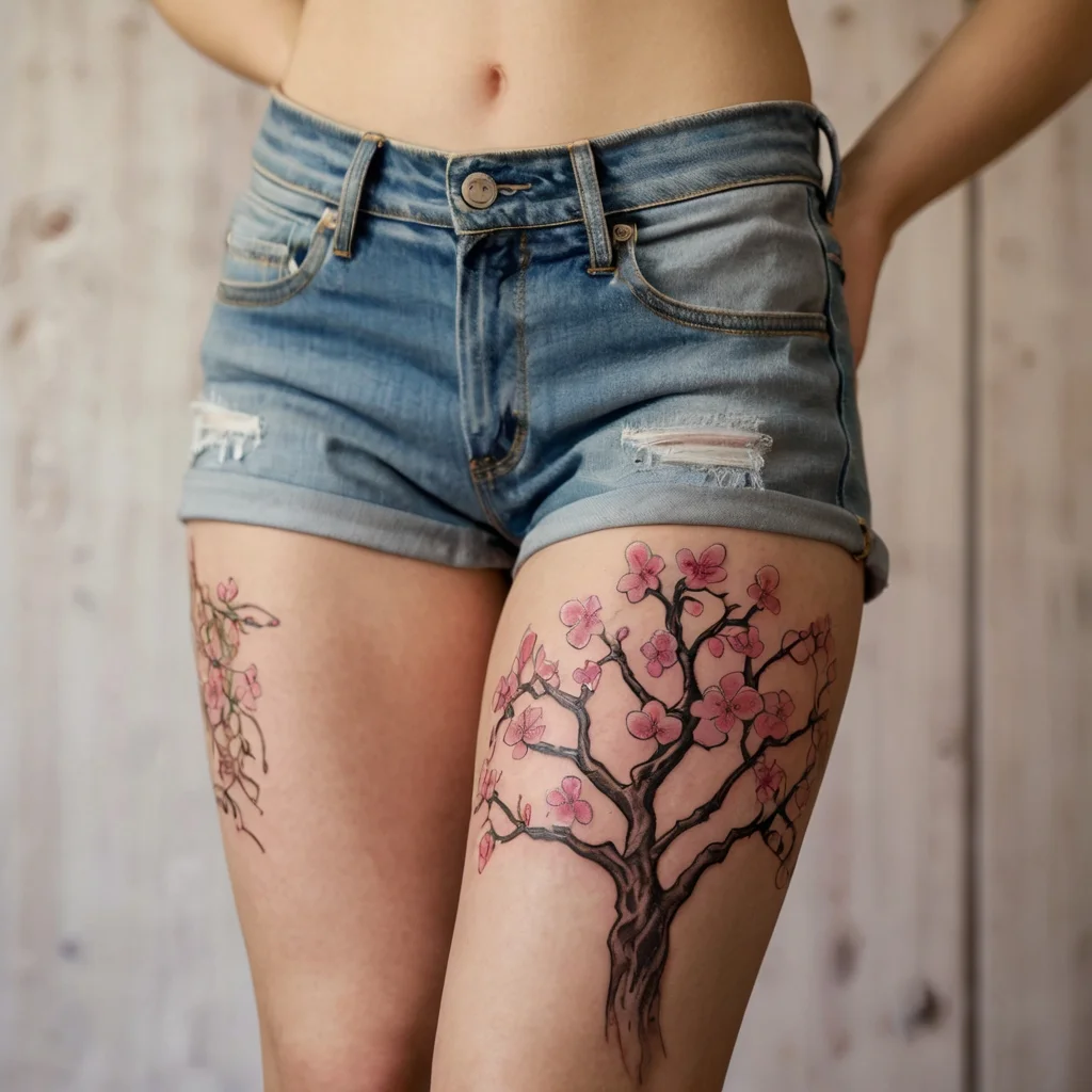 Thigh tattoo of a cherry blossom tree with pink flowers, symbolizing beauty and renewal, against detailed branches.