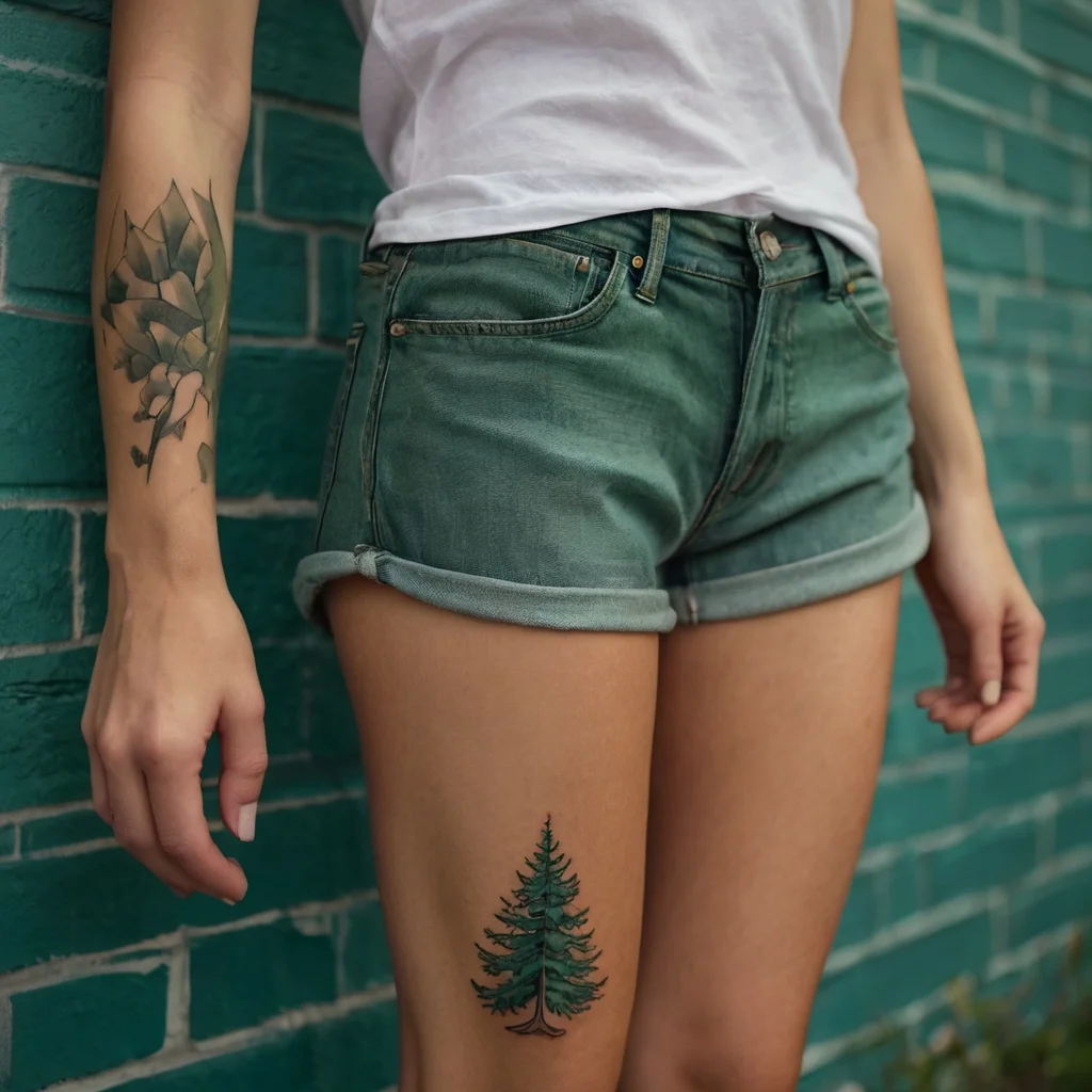 Thigh tattoo of a detailed evergreen tree, with arm ink of geometric leaves, set against a teal wall.