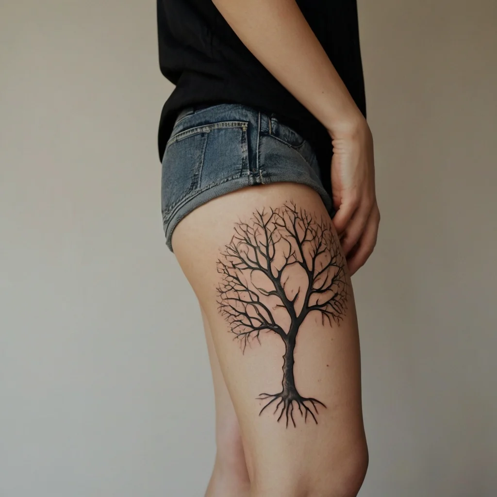 Tattoo of a detailed black tree with bare branches on the thigh, symbolizing growth and resilience.