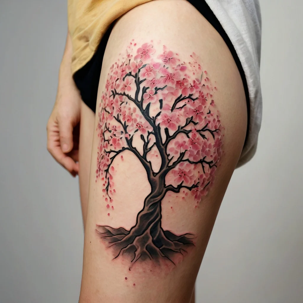 Tattoo of a cherry blossom tree in full bloom on the thigh, featuring realistic pink petals and detailed roots.