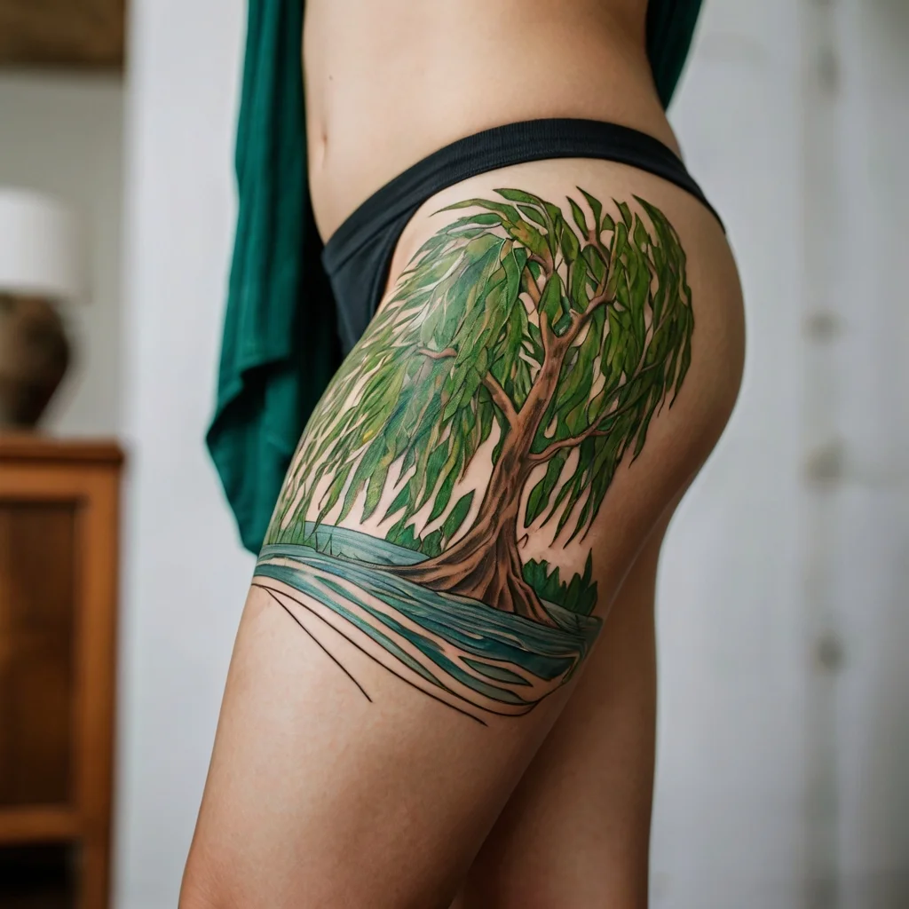 Tattoo of a vibrant willow tree by a stream, covering the thigh with flowing green leaves and a detailed brown trunk.