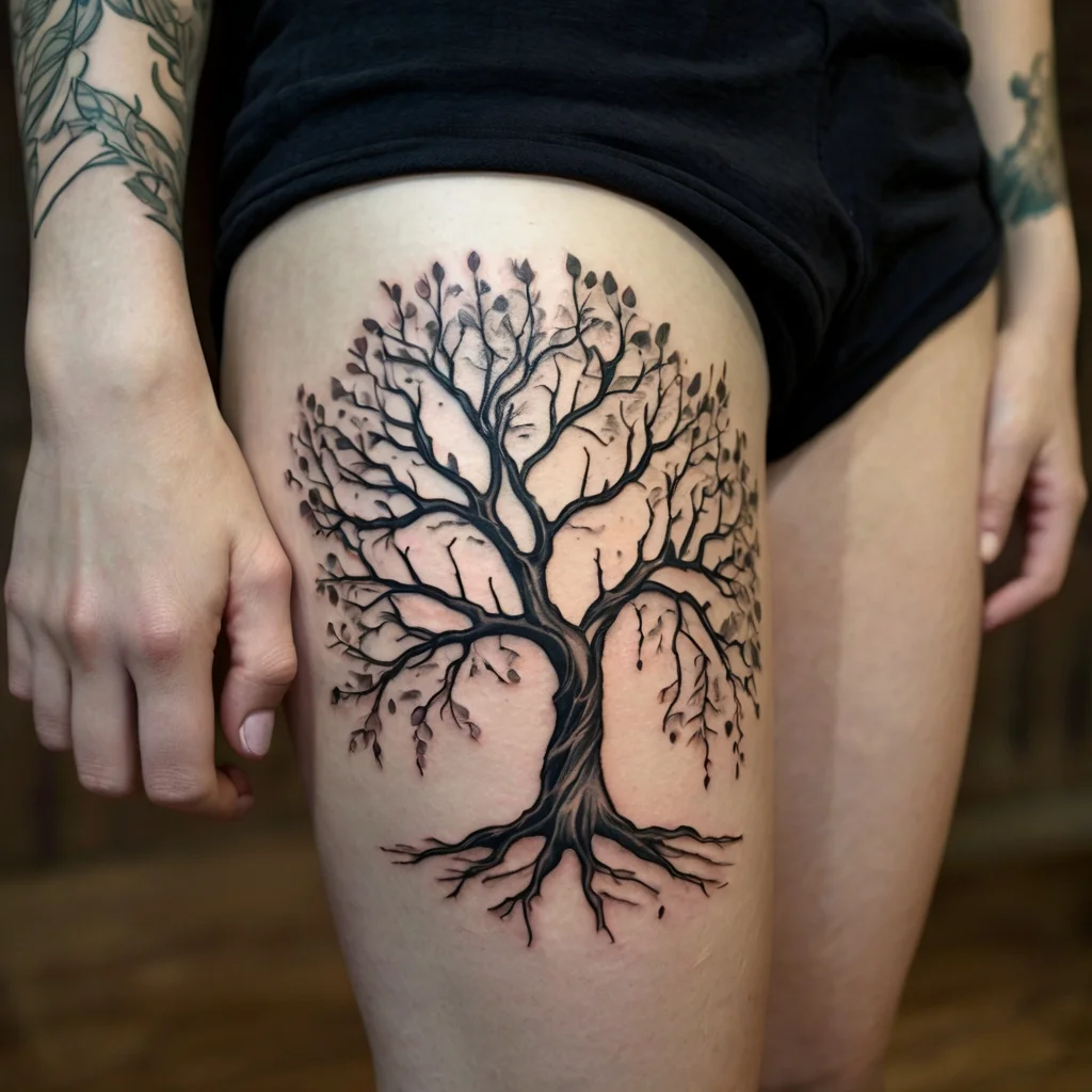 A detailed tree tattoo on the thigh, featuring intricate branches, roots, and small leaves in black ink.