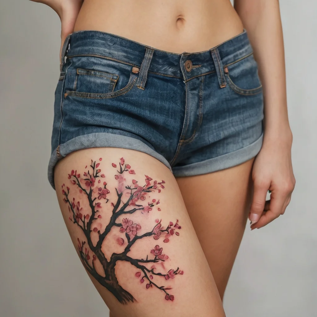 Tattoo of a cherry blossom tree on the thigh, featuring delicate pink flowers and bold black branches.