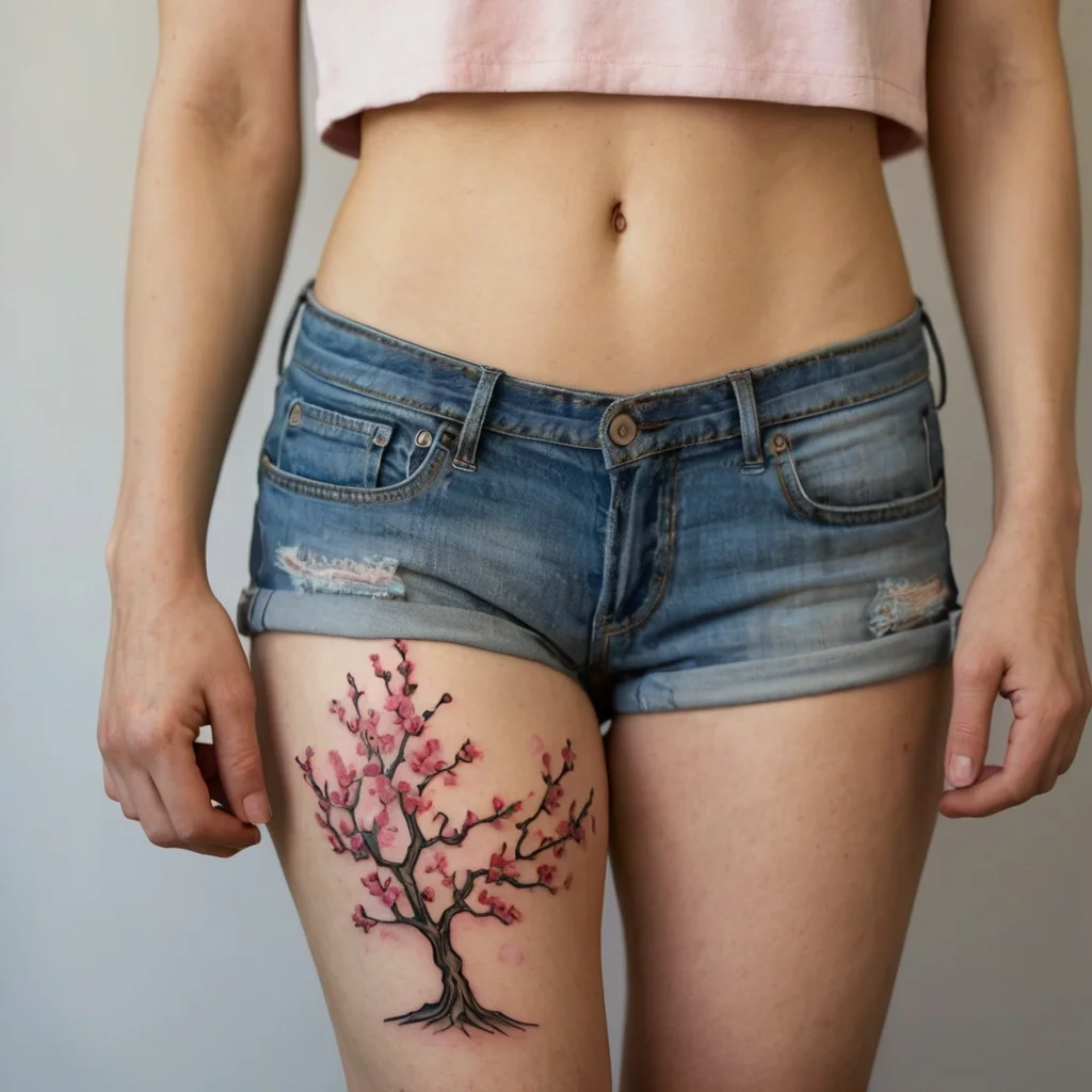 Cherry blossom tree tattoo on the thigh, pink flowers on delicate branches, symbolizing beauty and renewal.