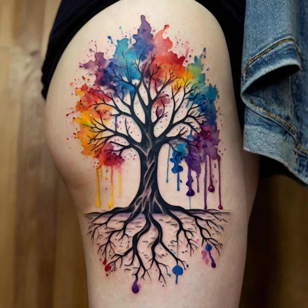 Watercolor tree tattoo with vibrant branches in rainbow colors, intricate black roots, blending natural and artistic styles.