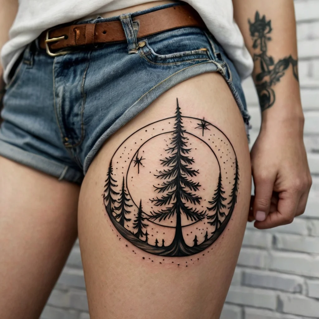 Thigh tattoo of pine trees inside a circle with stars and dots, creating a mystical forest night scene.