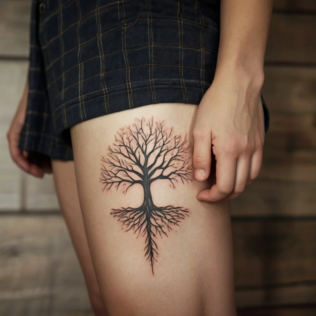 Black tree tattoo on the thigh with bare branches above, mirrored roots below, symbolizing connection and balance.