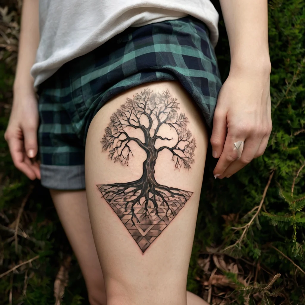 Tattoo of a detailed tree with exposed roots inside a geometric triangle on a thigh, symbolizing growth and stability.