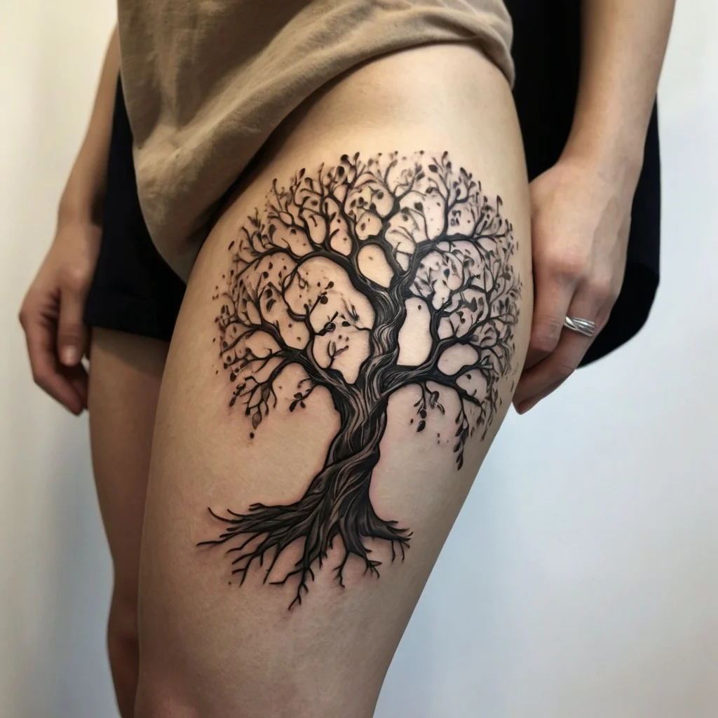 Intricate tree tattoo on thigh, featuring delicate branches and roots, symbolizing strength and growth.