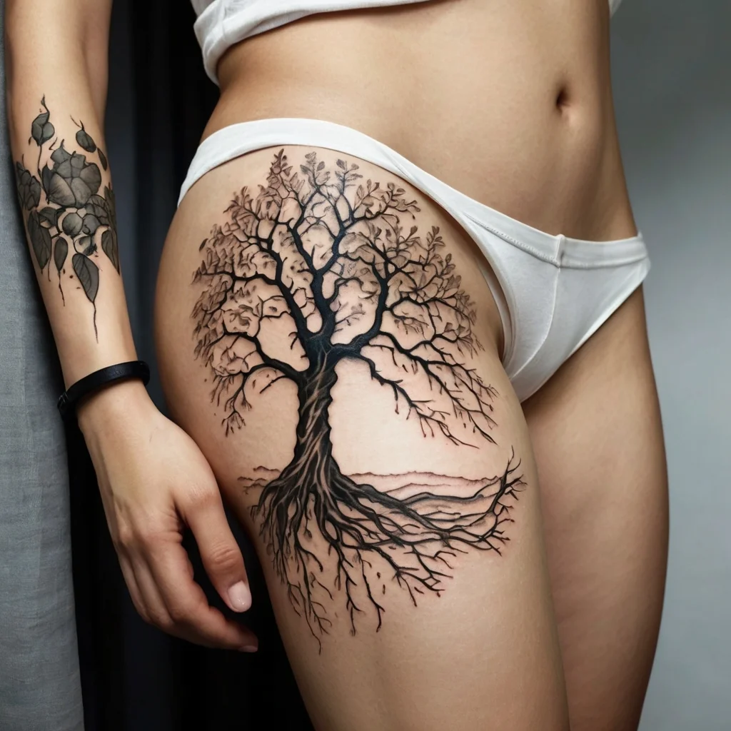 A detailed tree tattoo with roots and branches, symbolizing strength and growth, adorns the hip and thigh.