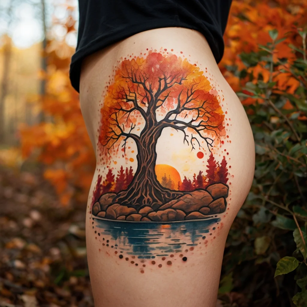 Tattoo of a tree with autumn leaves, set against a sunset, surrounded by rocks and water reflections.