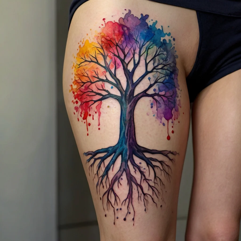 Colorful tree tattoo with vibrant watercolor effect, showcasing bare branches and complex roots, symbolizing life and growth.