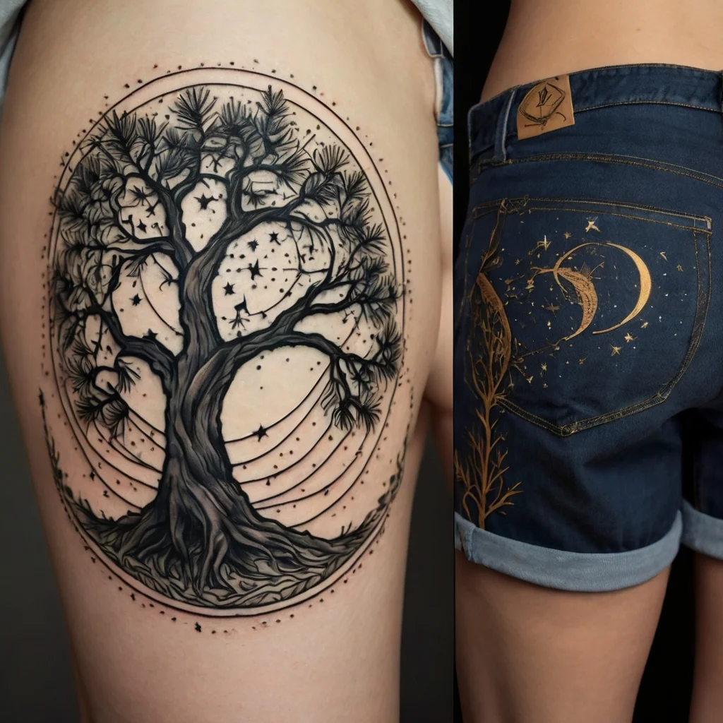 Intricate tree tattoo with swirling branches, stars, and cosmic circles, blending nature with celestial elements.