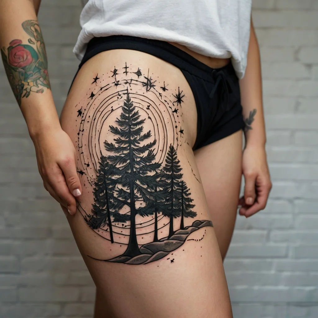 Tattoo of silhouetted pine trees and hills with concentric circles and stars on the thigh, evoking nighttime serenity.