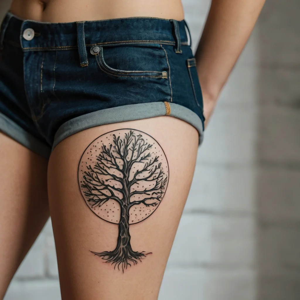 Tattoo of a detailed tree with bare branches inside a circle, symbolizing strength and nature on the upper thigh.