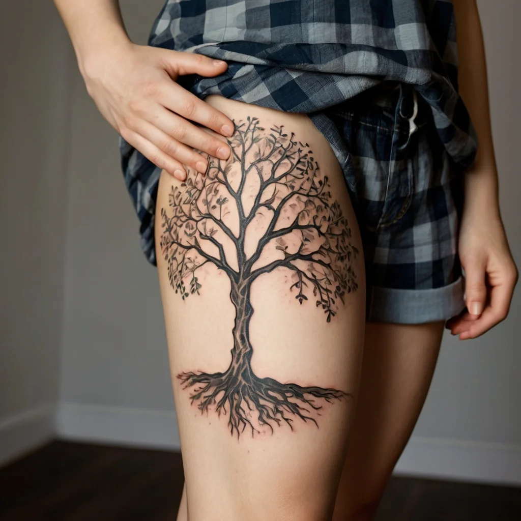 Intricate tree tattoo with sprawling branches and roots, symbolizing life and connection, on the right thigh.