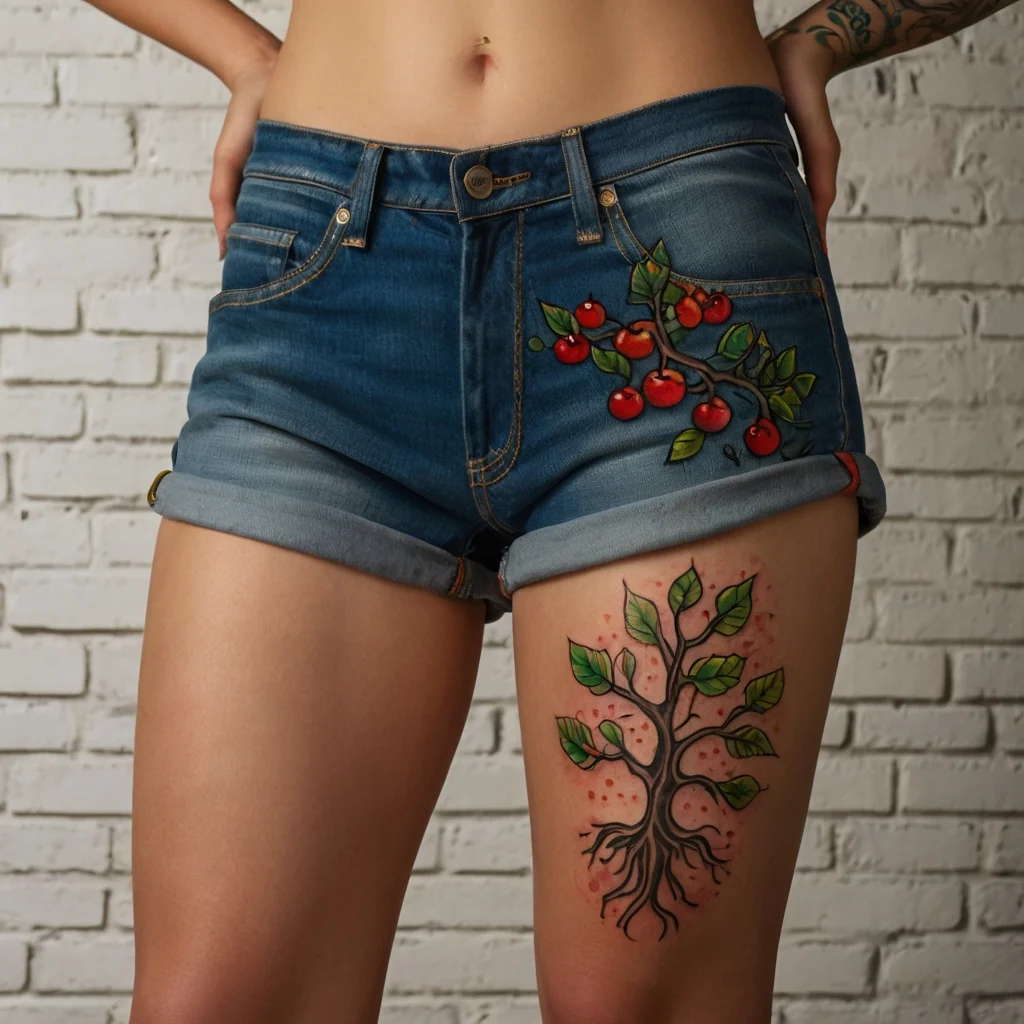 Tattoo of a vibrant tree on the thigh, featuring green leaves, a twisting trunk, and detailed roots on a natural background.