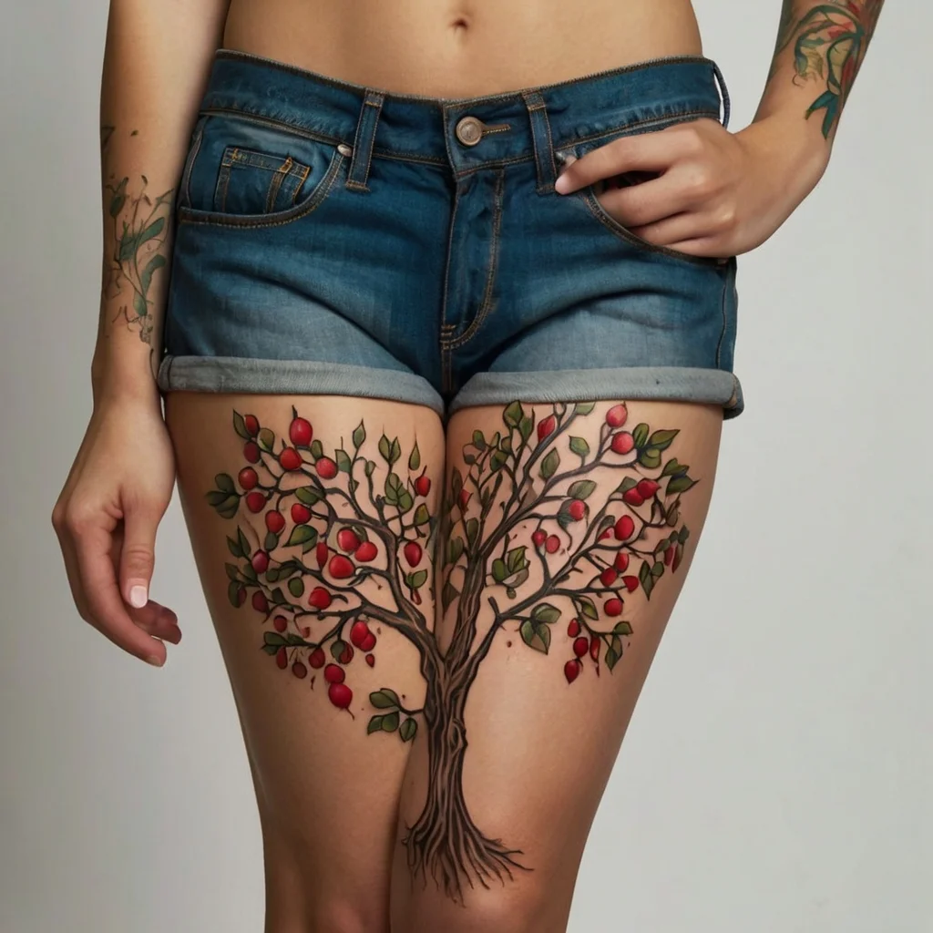 Tattoo of a vibrant tree with detailed branches, leaves, and red apples spanning across both thighs, symbolizing growth.