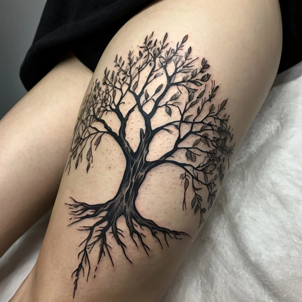 Tattoo of a detailed black tree on the thigh, with branches and roots intricately intertwining, symbolizing growth and life.