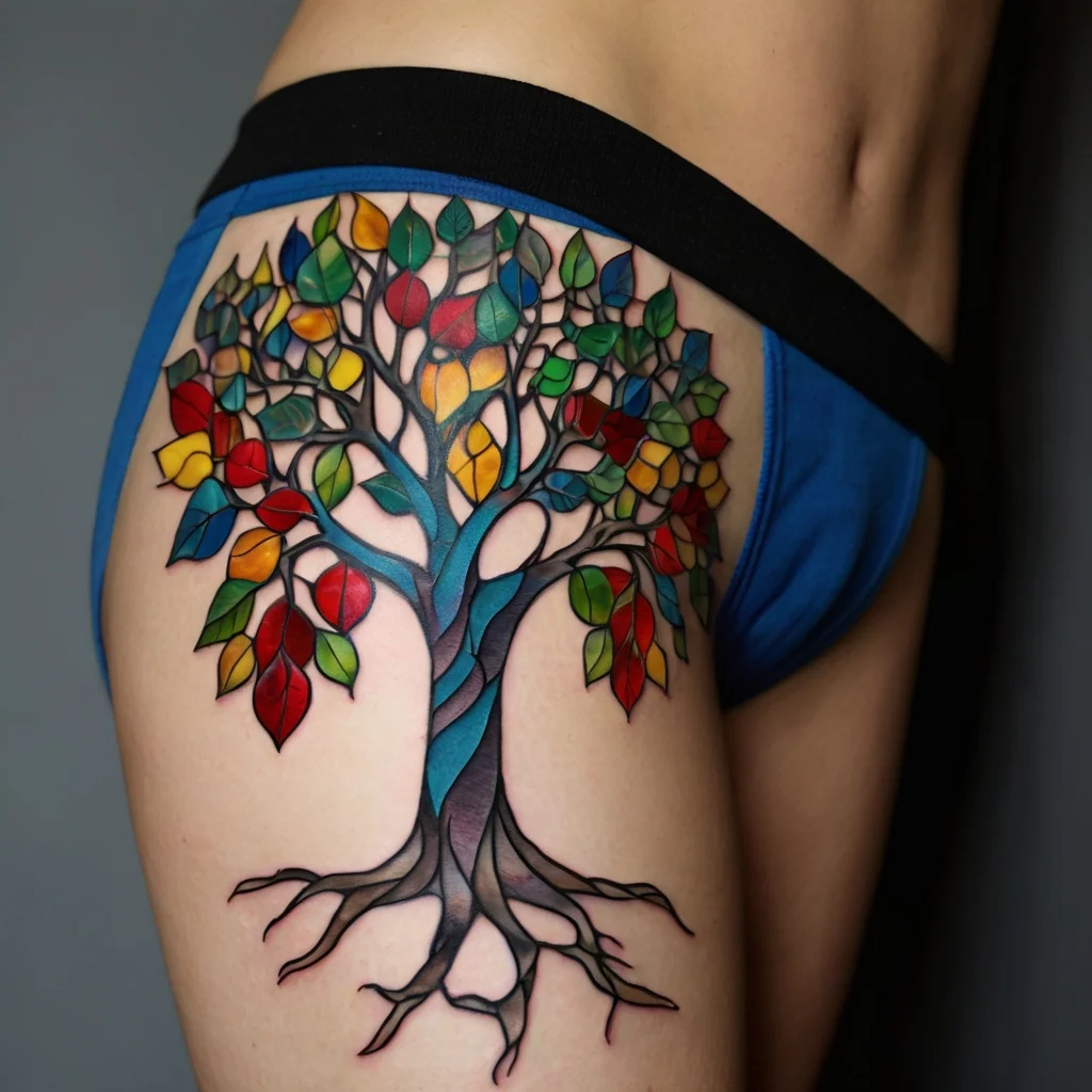 Tattoo of a vibrant tree with multicolored leaves in a stained glass style, wrapping around the upper thigh.