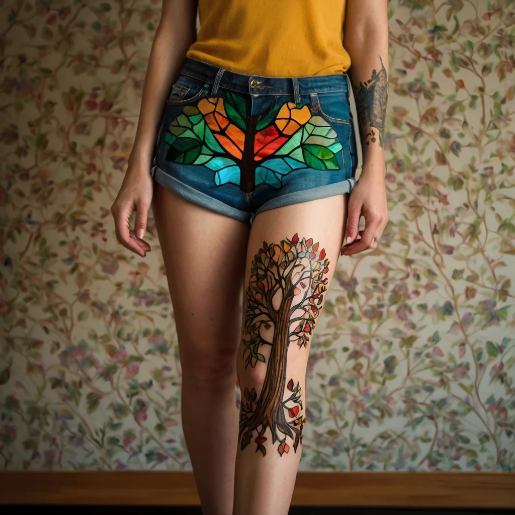 A colorful tree tattoo on the thigh, featuring vibrant branches and leaves symbolizing growth and life.