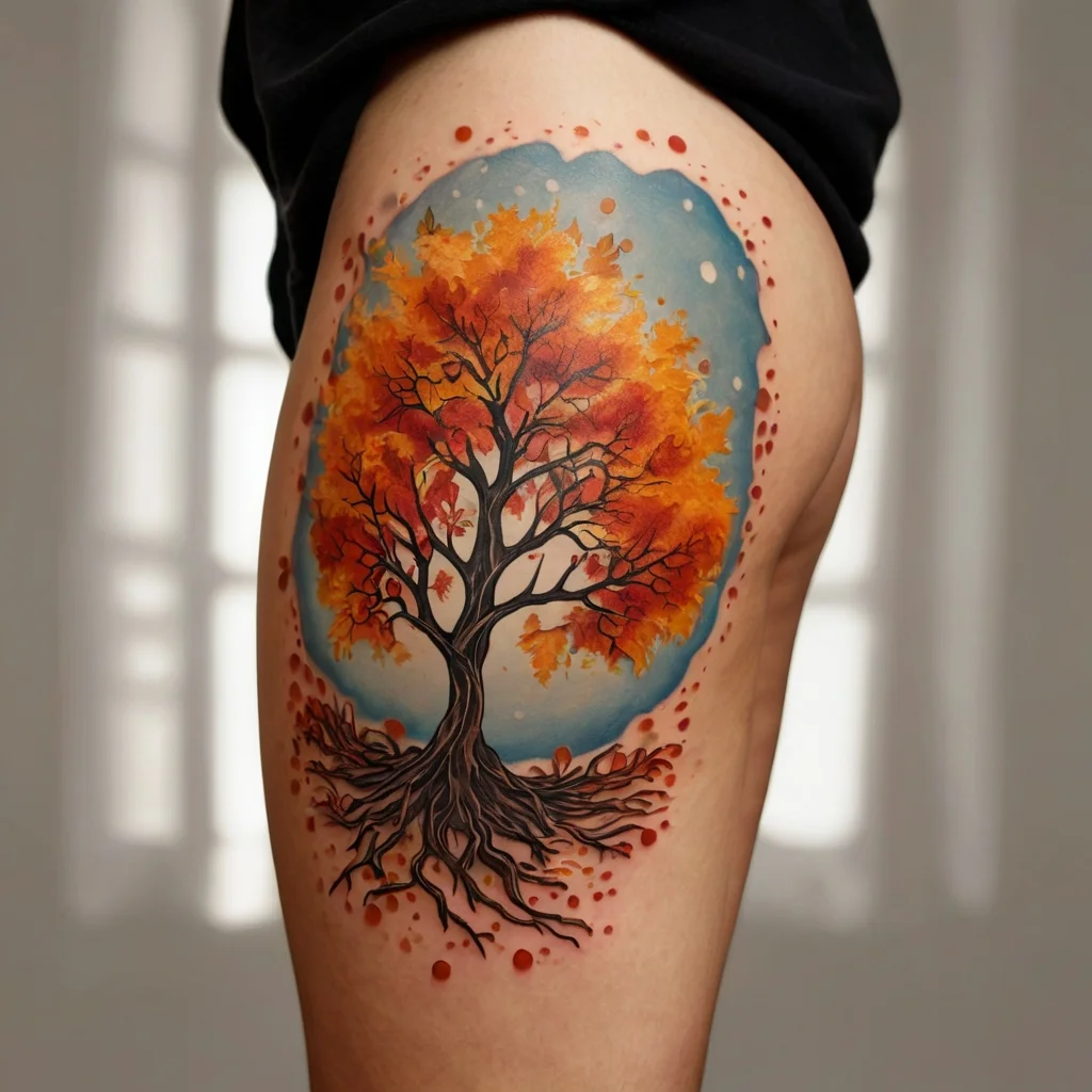 Colorful tree tattoo on the thigh, featuring orange foliage, intricate roots, and a blue circular background.